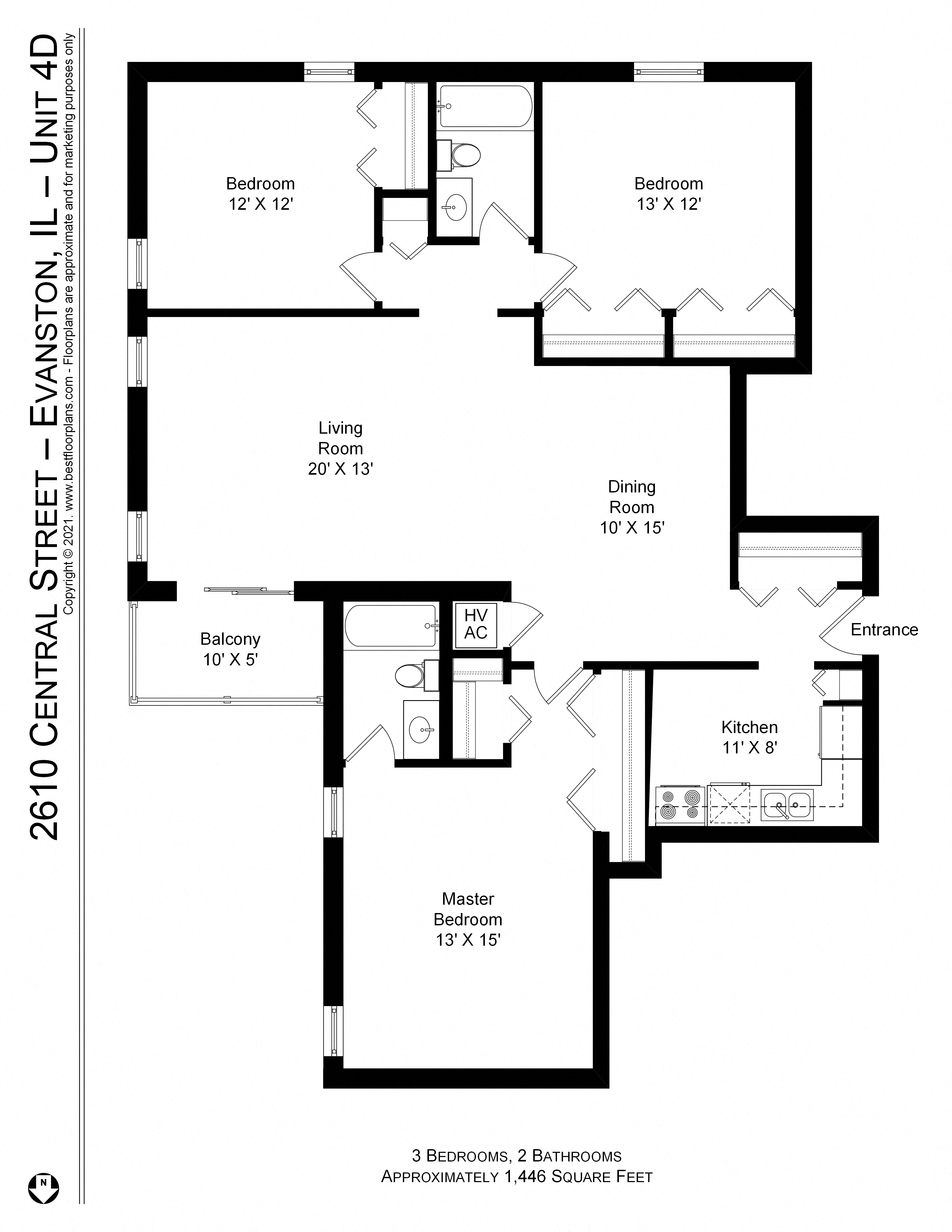 Floor plan for 3 beds, 2 baths, 1446 sqft